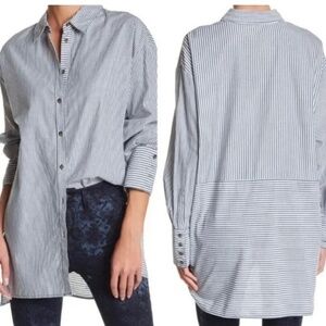 Free People Green & White Striped Cotton Tunic Blouse - Oversized Fit